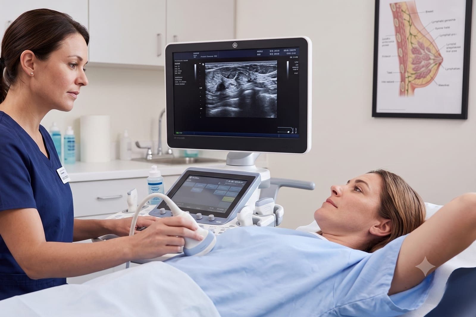 A patient lying down for a breast ultrasound scan, the scan images shown on the monitor beside her