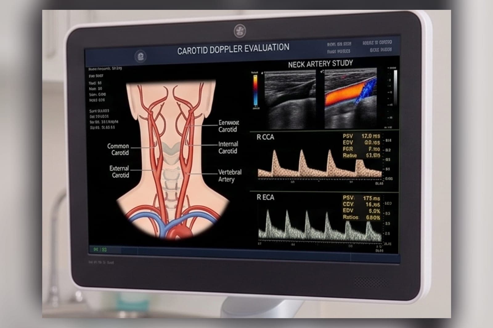 An ultrasound monitor showing a carotid Doppler study of the neck arteries, with a labelled diagram, colour flow and waveform traces
