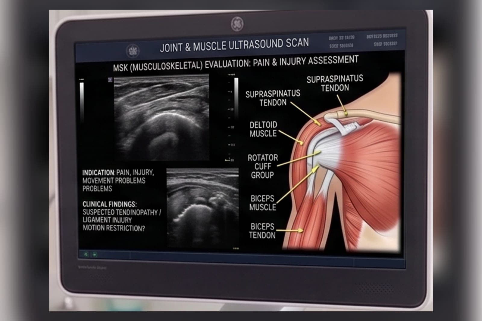 An ultrasound monitor showing a musculoskeletal scan of the shoulder alongside a labelled diagram of the rotator cuff