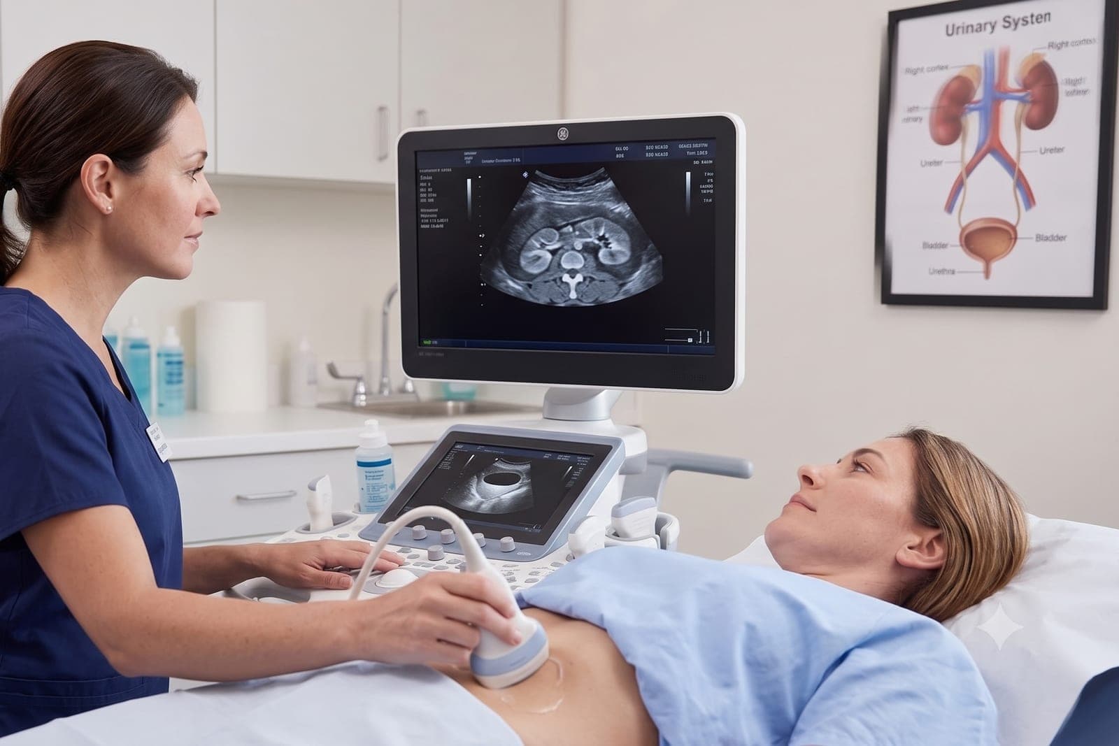A patient undergoing an abdominal ultrasound scan, with a kidney image on the monitor