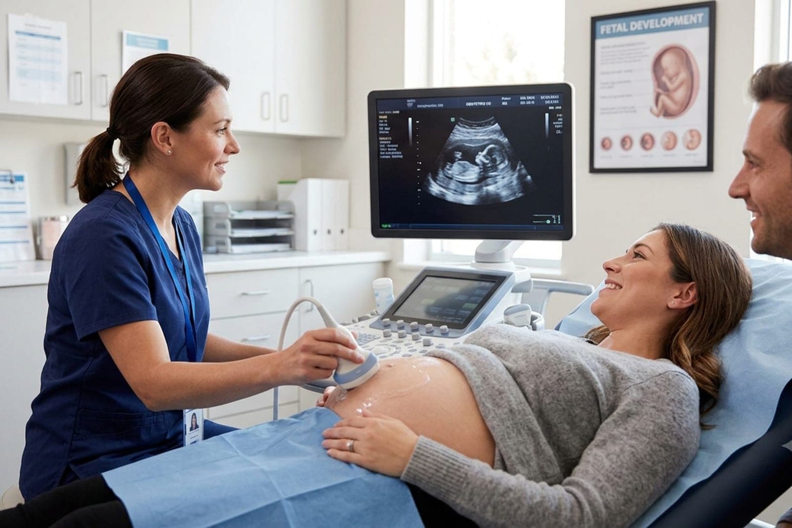A sonographer scanning an expectant mother while she and her partner watch the baby on the monitor