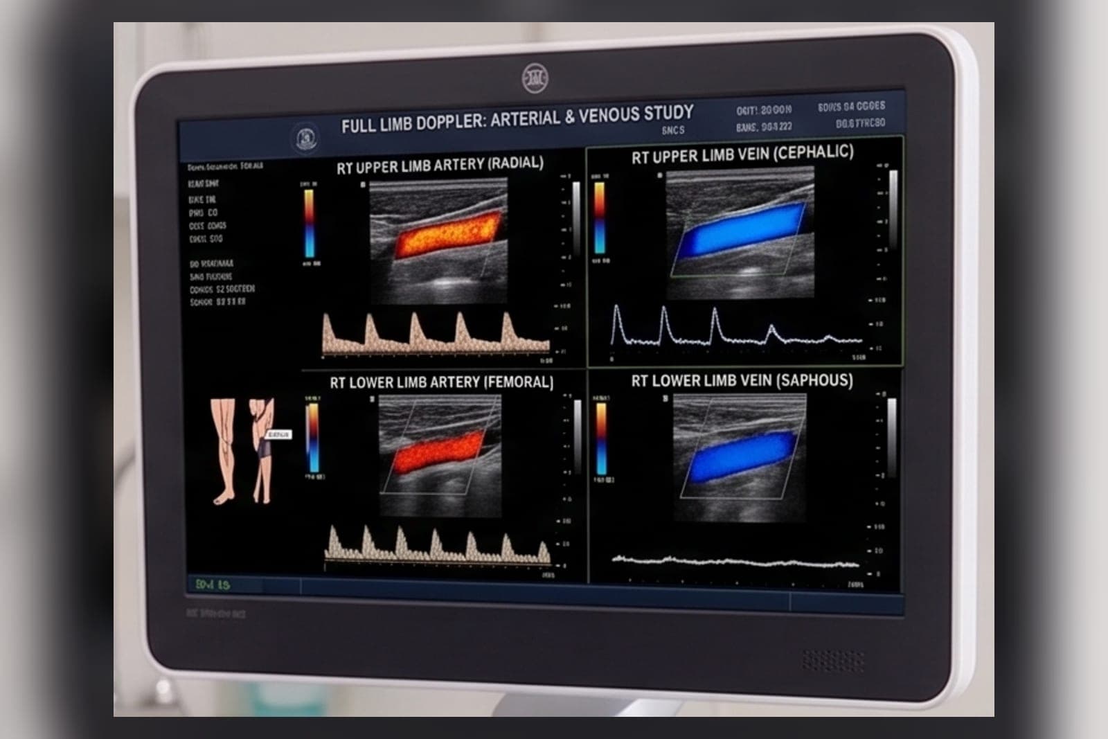 An ultrasound monitor showing a colour Doppler blood-flow study, with colour flow and waveform traces